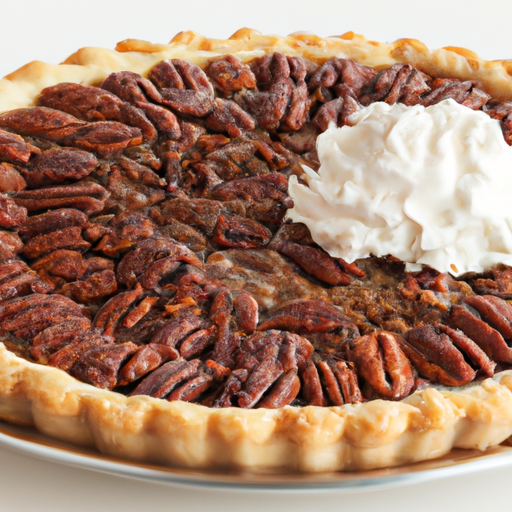 A freshly baked pecan pie topped with whipped cream and pecan halves